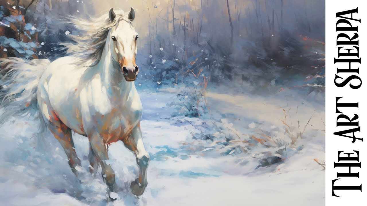 White Horse In Winter Landscape 🌟🎨 How to paint acrylics for beginners: Paint Night at Home