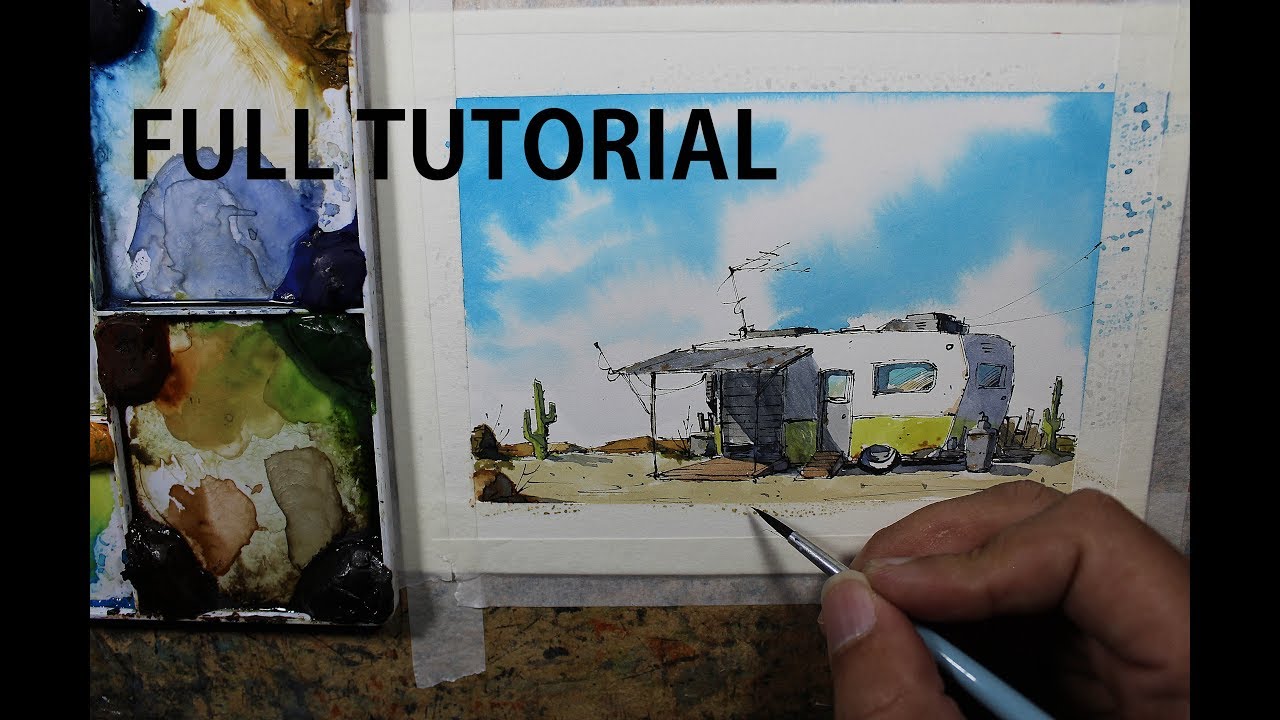 Pen and Wash trailer home in my crooked lines,easy watercolor painting.Nil Rocha