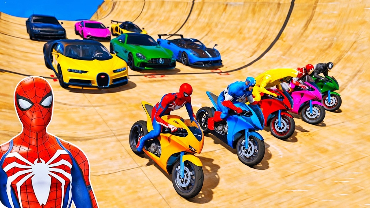 HOMEM ARANHA e AMIGOS SALTO COM MOTO! CORRIDA PARKOUR EXTREMA COM SPIDERMAN!