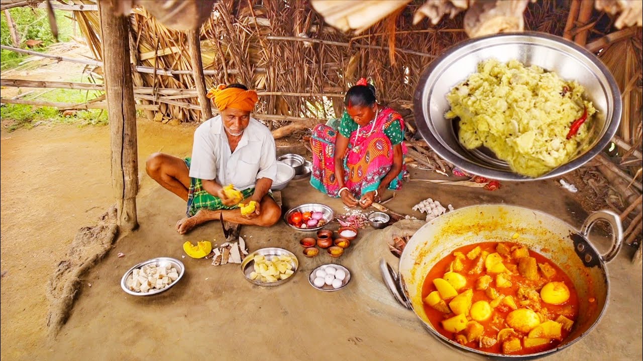 MAAN KOCHU VORTA & PUMPKIN EGG CURRY recipe full preparation for lunch by santali tribe old couple