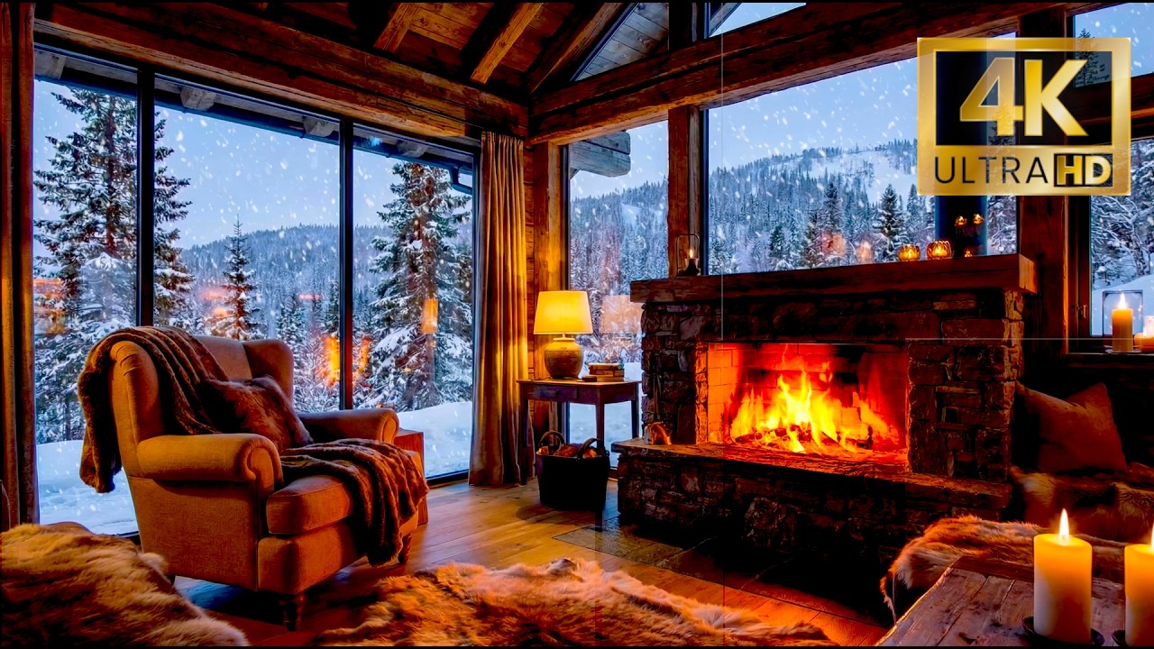 Cozy Snowy Cabin Fireplace ❄️🔥 Relaxing Crackling Fire Sounds for Deep Sleep (4K Winter Ambience)