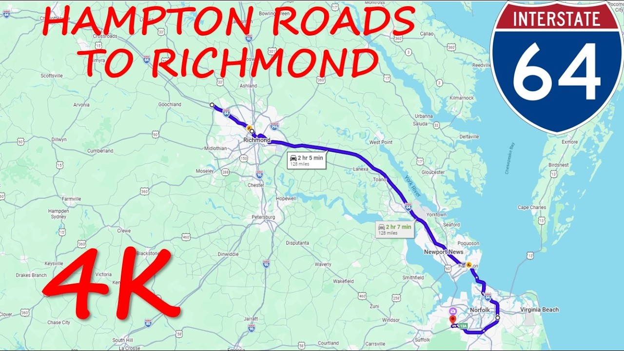 ⁴ᴷ Interstate 64 (Hampton Roads, VA to Richmond, VA) westbound [4K VIDEO]
