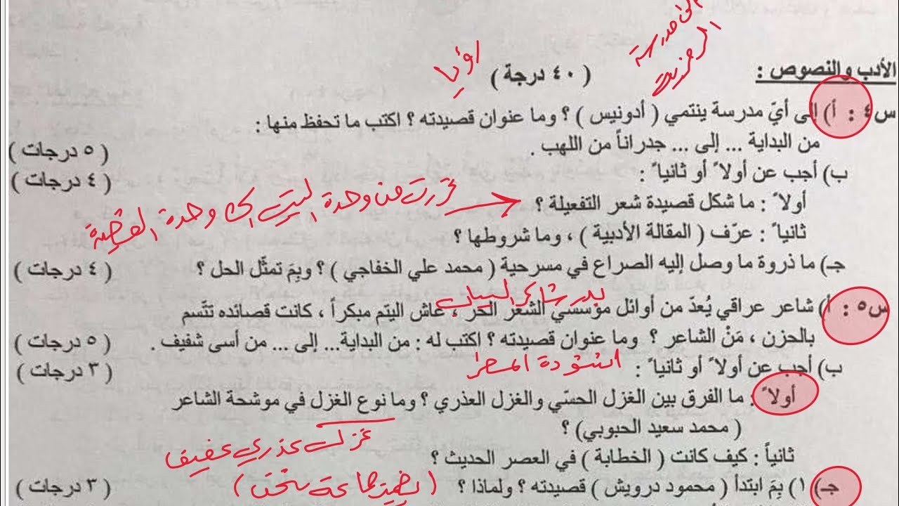 حل ما جاء عن الجزء الاول للادب العربي نموذج وزاري/سادس اعدادي نور باجلان 