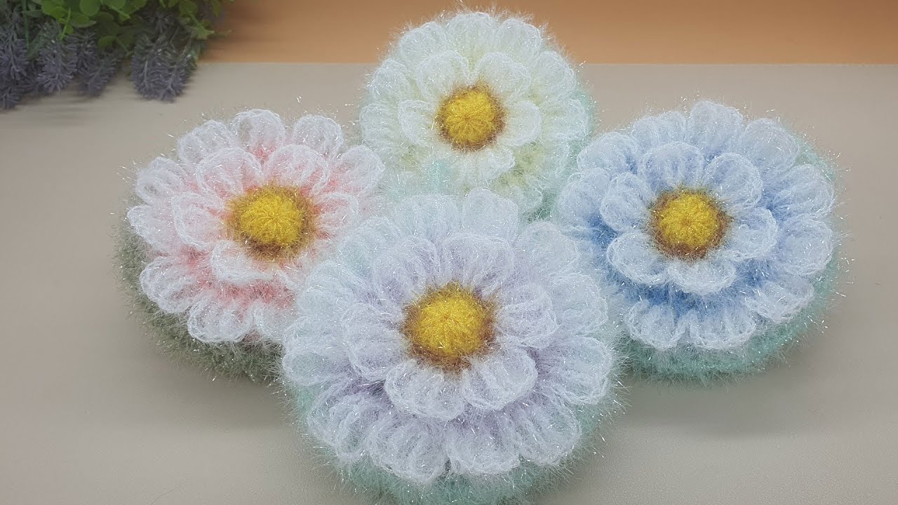 [수세미코바늘] 풍성한 흰 꽃 호빵 수세미 뜨기 Crochet Dish Scrubby flower crochet