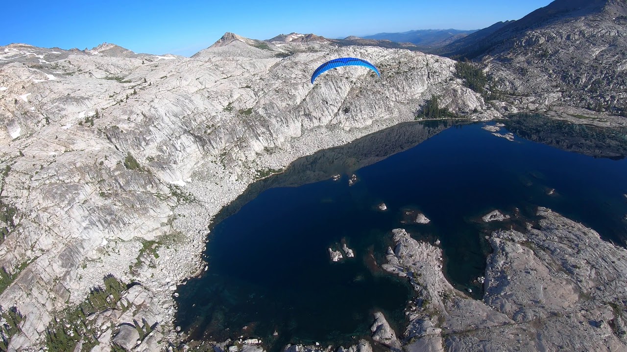 Paramotor flight over the Sierra Nevada mountains and Lake Tahoe