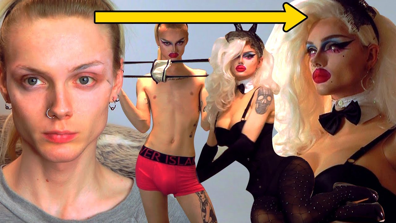 FULL BODY head-to-toe Boy to Girl unedited Drag Transformation - Sexy Playboy Bunny inspired