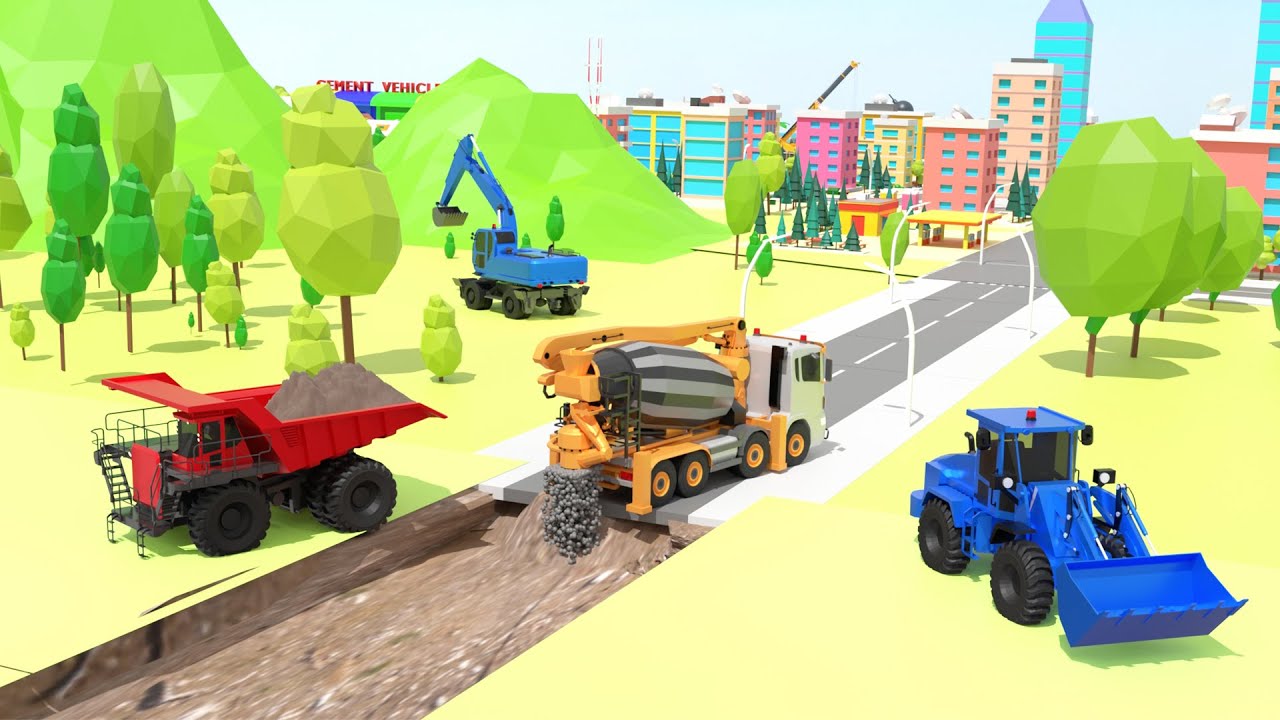 Big Road Building! Watch Cement Mixer, Bulldozer & Dump Truck in Action | 3D Construction Vehicles