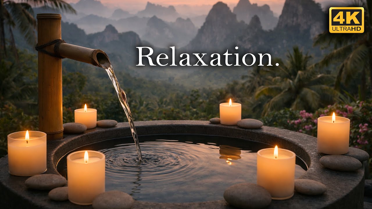 Relaxing Music, Bamboo Water Fountain, Mountain Peaks, 🌿 Sleep, Meditation, Stress Relief 4K
