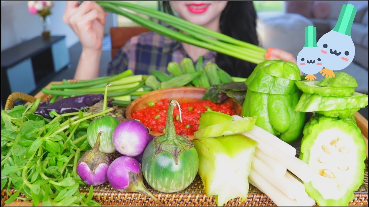 ASMR VEGGIE PLATTER  (GARLIC SHOOTS, BABY LOTUS ROOT, PERILLA LEAF) | EATING SOUNDS | NO TALKING