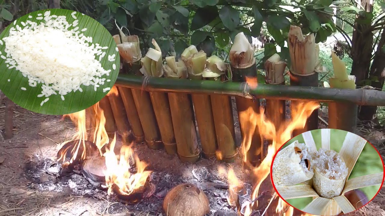 survival technique - cook rice in bamboo