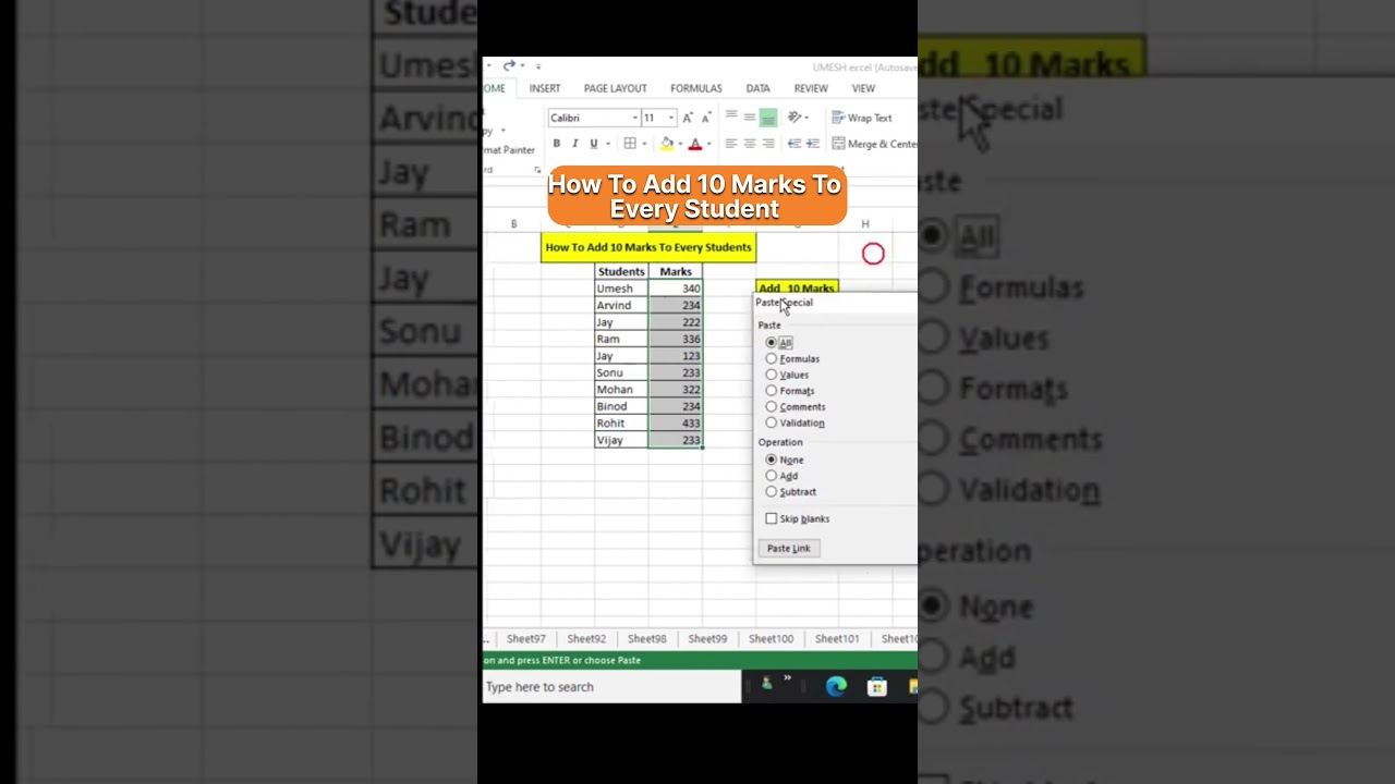 How To Add 10 Marks To Every Student #shorts #excel #exceltips #msexcel #exceltutorial #viral