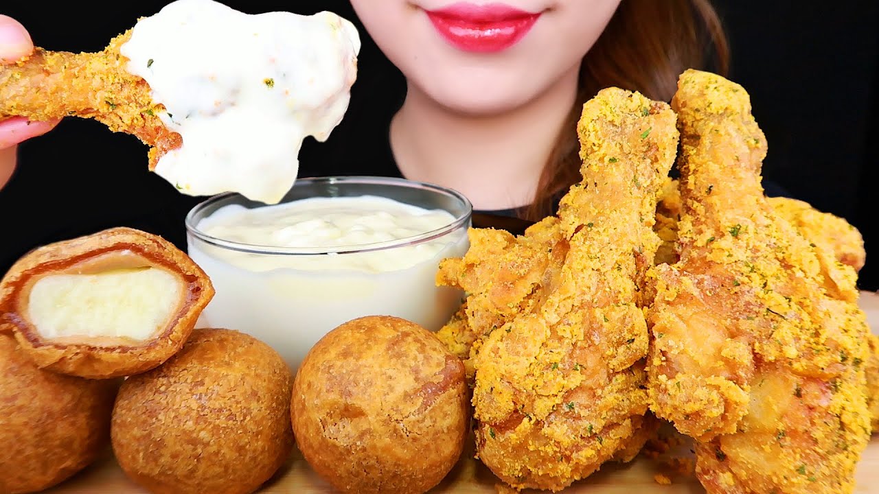 ASMR FRIED CHICKEN, CHEESE BALLS BHC 뿌링클 치킨, 치즈볼 먹방 EATING SOUNDS MUKBANG 咀嚼音
