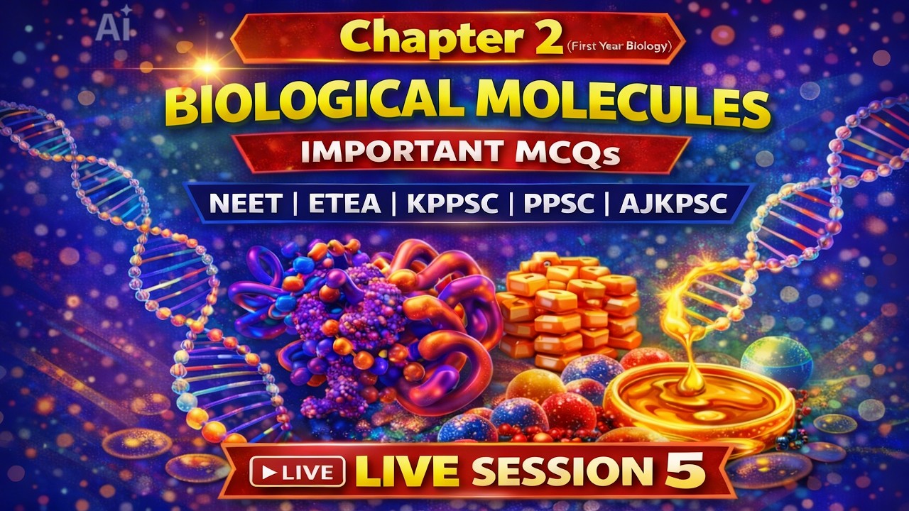BIOLOGY MCQS LIVE SESSION 6🔴 CHAPTER NO2 BIOLOGICAL MOLECULES part3| Important MCQs for NEET, ETEA,
