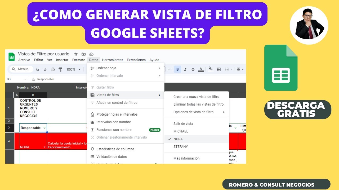 ¿Como realizar una vista de Filtro en Google Sheets? para cada usuario que se conecte