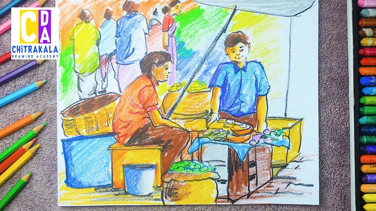 How to Draw and Colour a Village Market