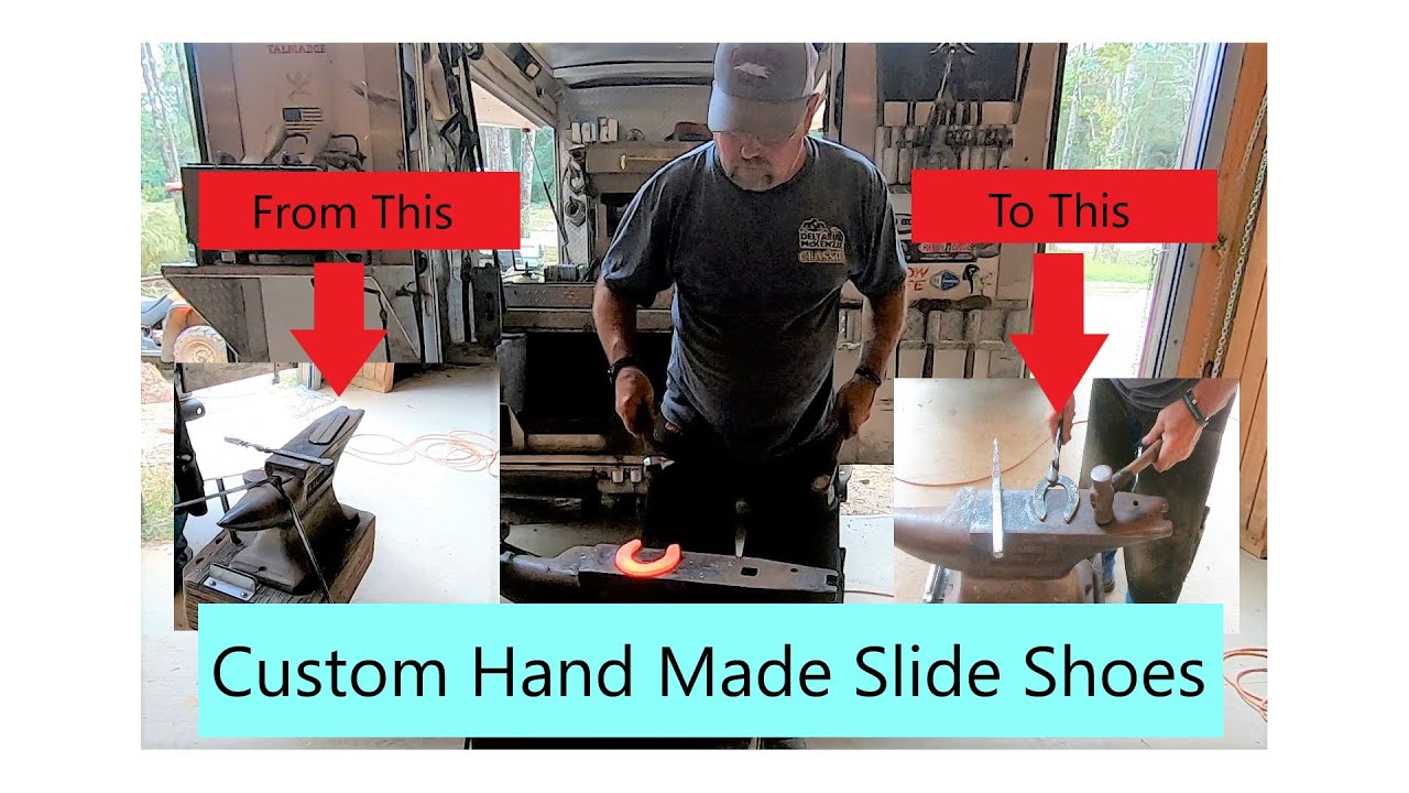Farrier shaping reining horse slide shoes from straight bar stock steel