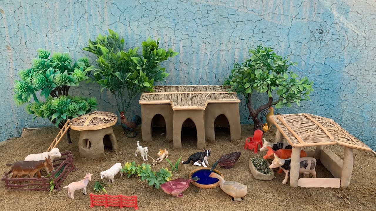 Diy miniature clay house cow shed | house of animals - village clay house | goat farm farmer house