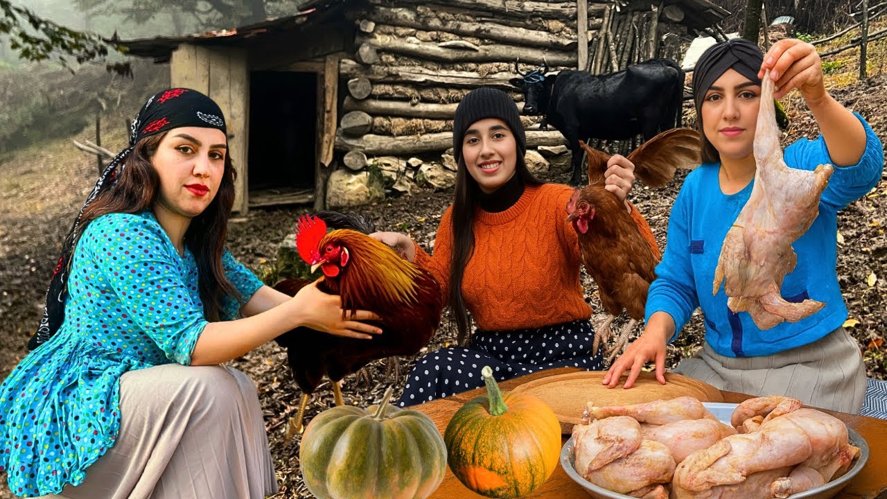 Rainy Mountain Village Cooking 🌦️ Traditional Rooster, Pumpkin Dessert & Pickles in Rural Iran