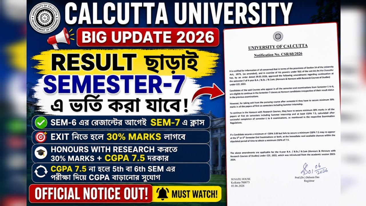 🚨 Admission to Semester-7 without Results! Calcutta University Official Notice 2026