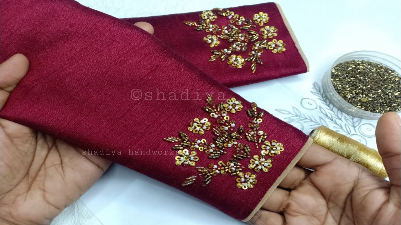 Beautiful sleeve embroidery for kurti blouse  |maroon and gold sleeve embroidery