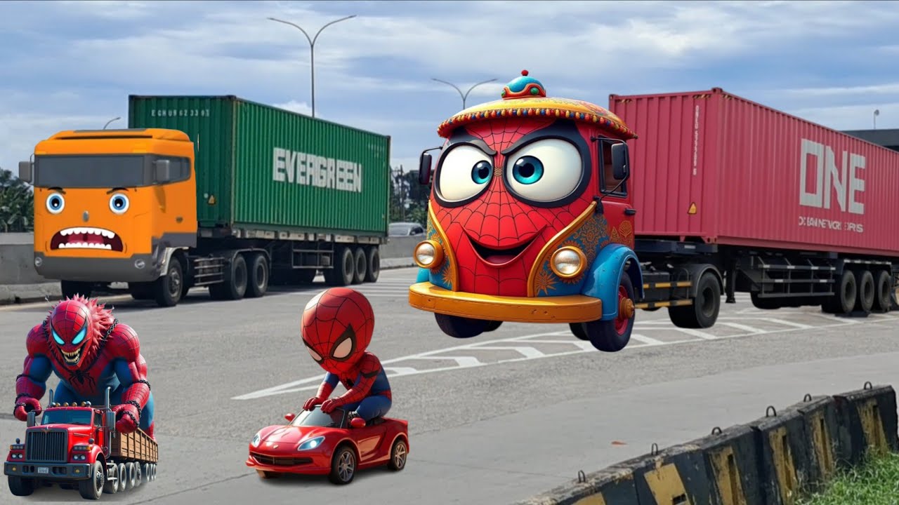 Wow Disini ada Truk SPIDERMAN,Truk kontainer,bus telolet,berubah mirip teman tayo vs truk SPIDERMAN
