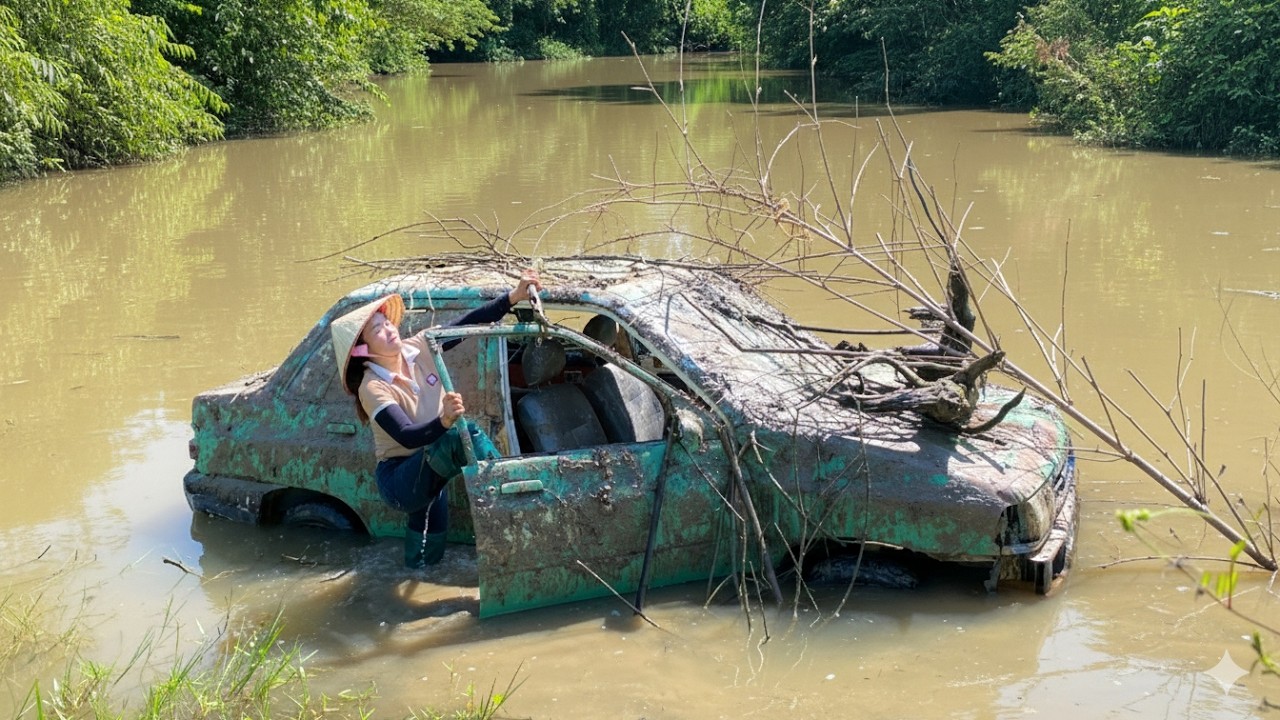 Girl Starts Up and Repairs Abandoned Car in a Lake - Restarting a Flooded Car
