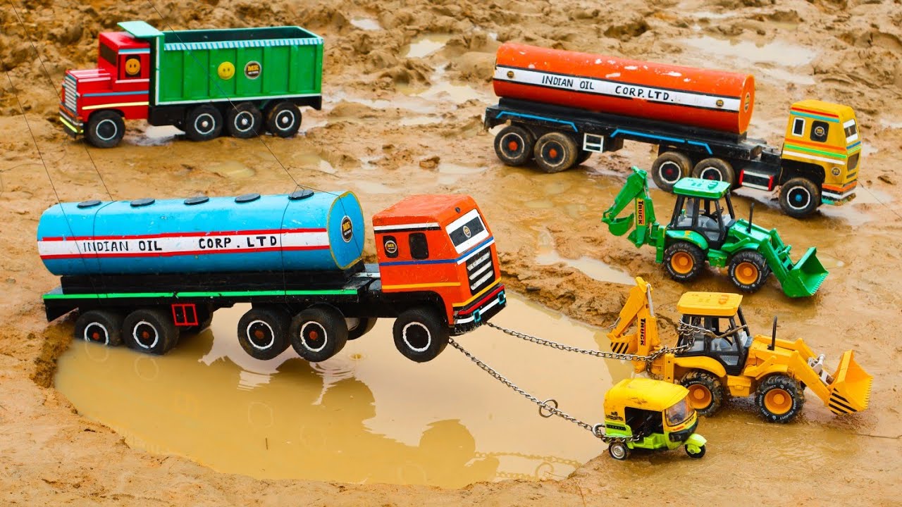 Tractor Jcb Cartoon Video l Tata Tankar Truck Accident 😱 Pulling Out Auto 5cx Jcb l RS Toy