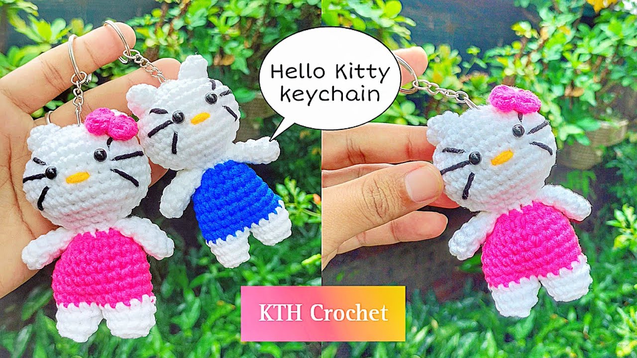 Hello Kitty သော့ချိတ်ထိုးနည်း😻(Crochet Hello Kitty keychain)
