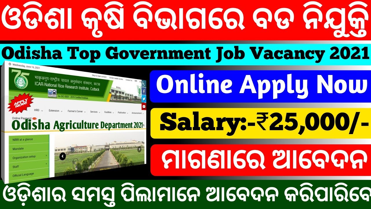 Odisha Agriculture Department Vacancy 2021|Free Apply|Odisha Govt Jobs 2021|Odisha job vacancy 2021