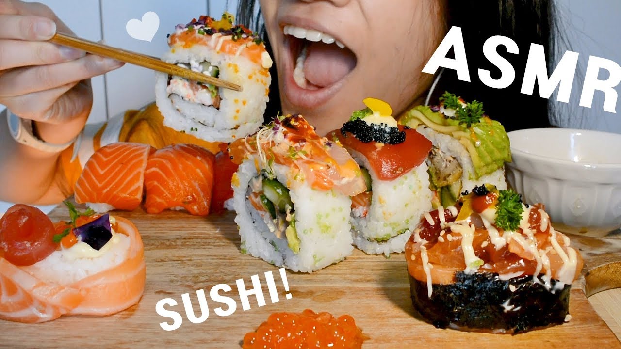 ASMR SUSHI (Salmon Nigiri, Sushi rolls and more!) - SOFT EATING SOUNDS