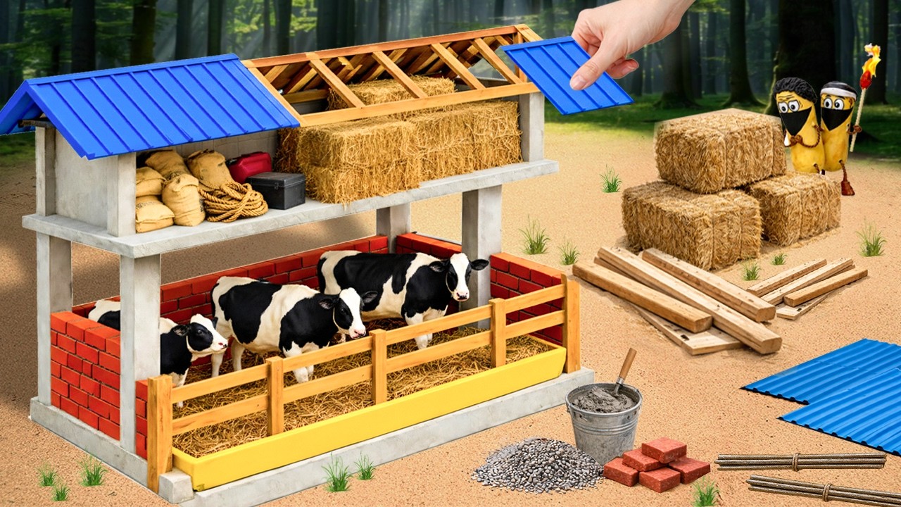 DIY Mini Tractor Builds a Secure Brick Cow Shelter Against Intruders | Science Project