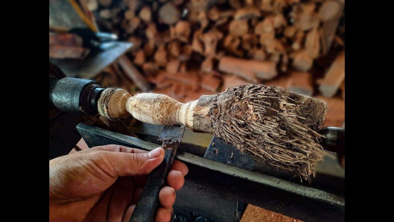 close-up,creative processing from bamboo roots,from skillful hands on a wood lathe,to a masterpiece