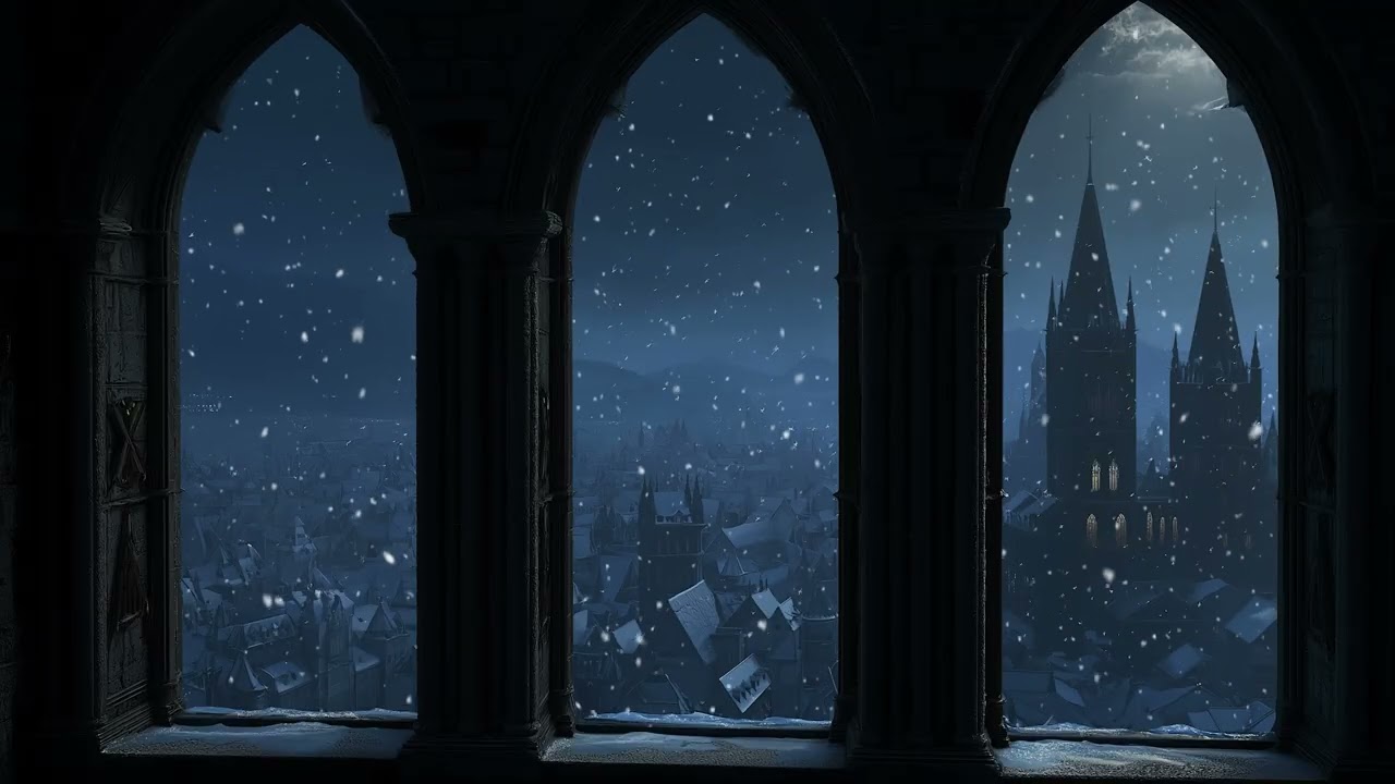 (No Ads) Medieval Winter Night Village Window – Slow Snowfall Ambience