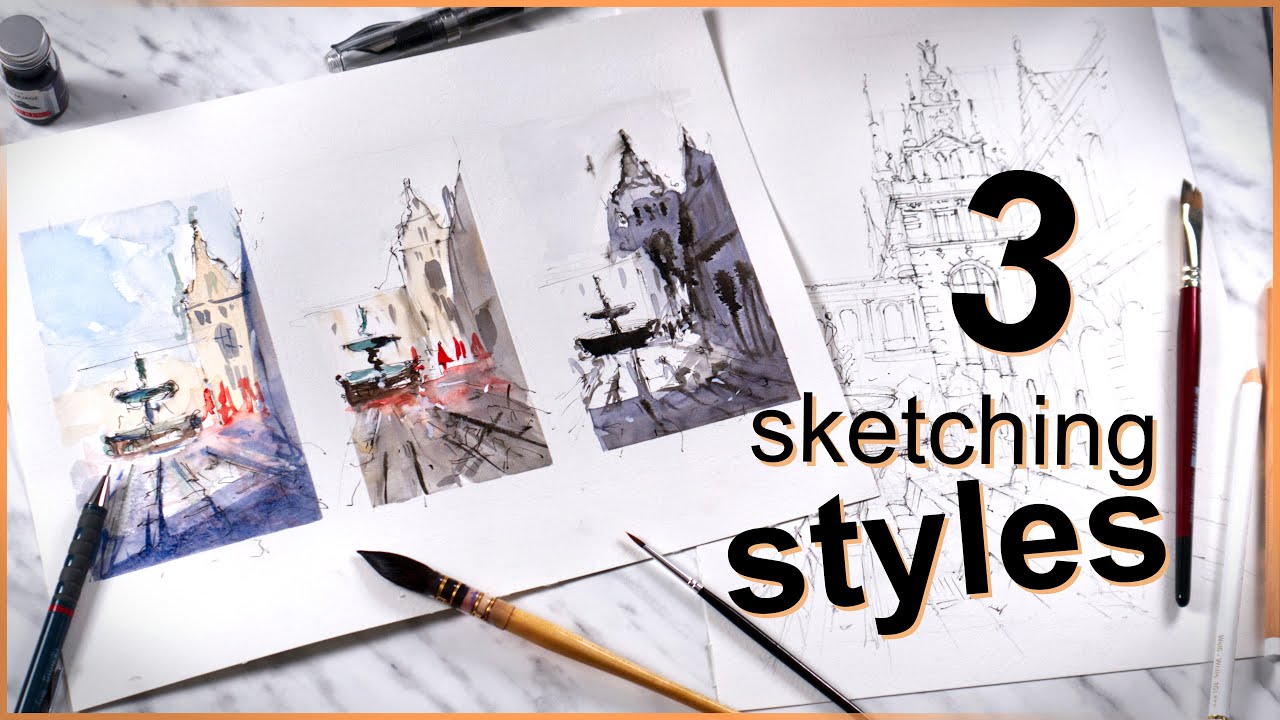 Sketching in 3 Different Styles (Ink vs Watercolor)