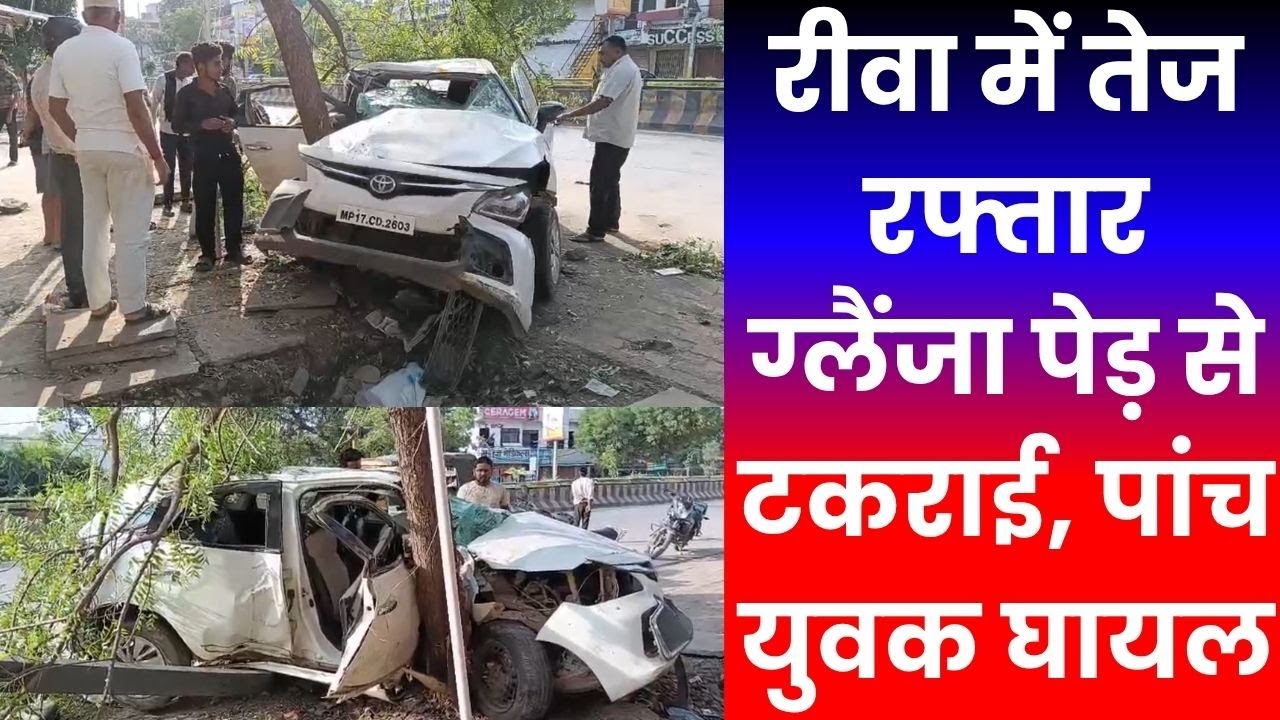 रीवा में तेज रफ्तार ग्लैंजा पेड़ से टकराई, पांच युवक घायल  , Rewa police, late night accident, Rewa
