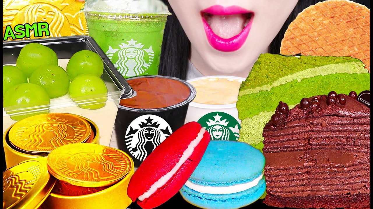 ASMR STARBUCKS DESSERTS *PUDDING, GREEN TEA FRAPPUCCINO, CARAMEL WAFFLE 스타벅스 푸딩, 와플 먹방 EATING SOUNDS