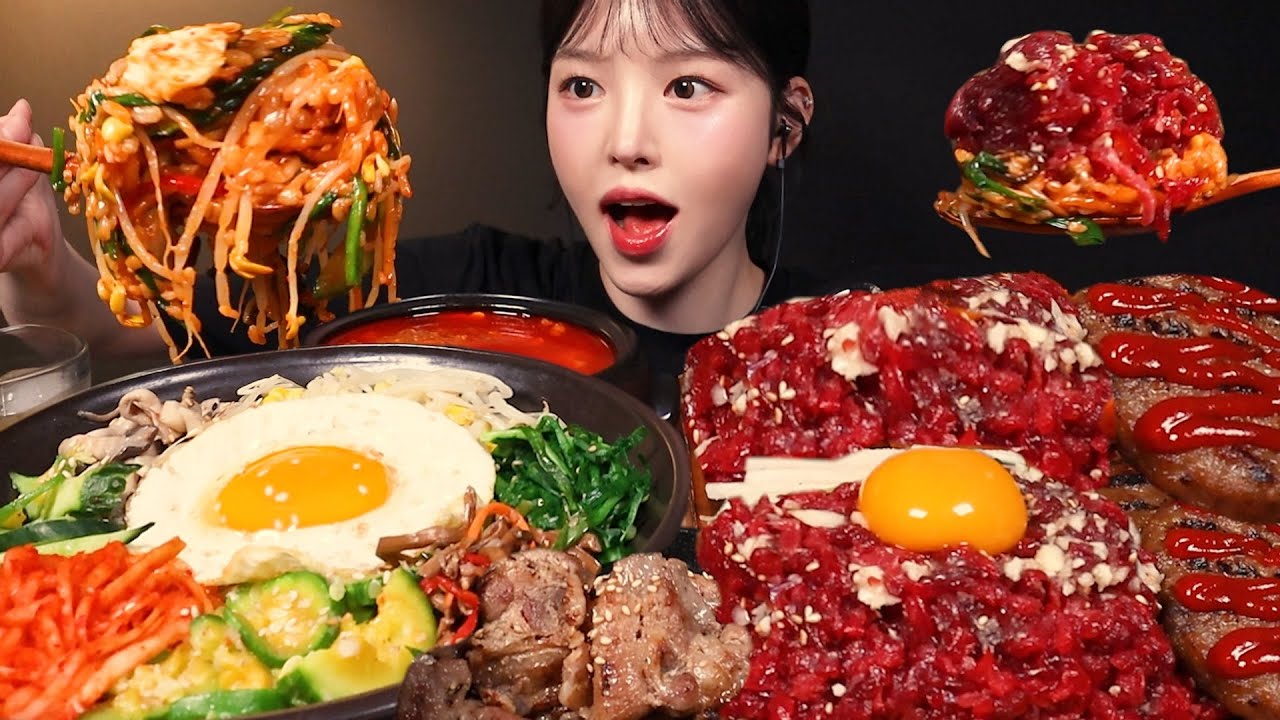 SUB)육회 가득 비빔밥 먹방! 연탄불고기, 떡갈비에 차돌청국장까지 한식 집밥 꿀조합 리얼사운드 Bibimbap, Yukhoe, Tteokgalbi Mukbang ASMR