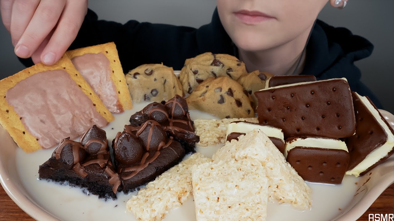 ASMR Chocolate Dessert In Milk *Chocolate Cake, Ice Cream Sandwiches, Cookies, S'mores Pastry