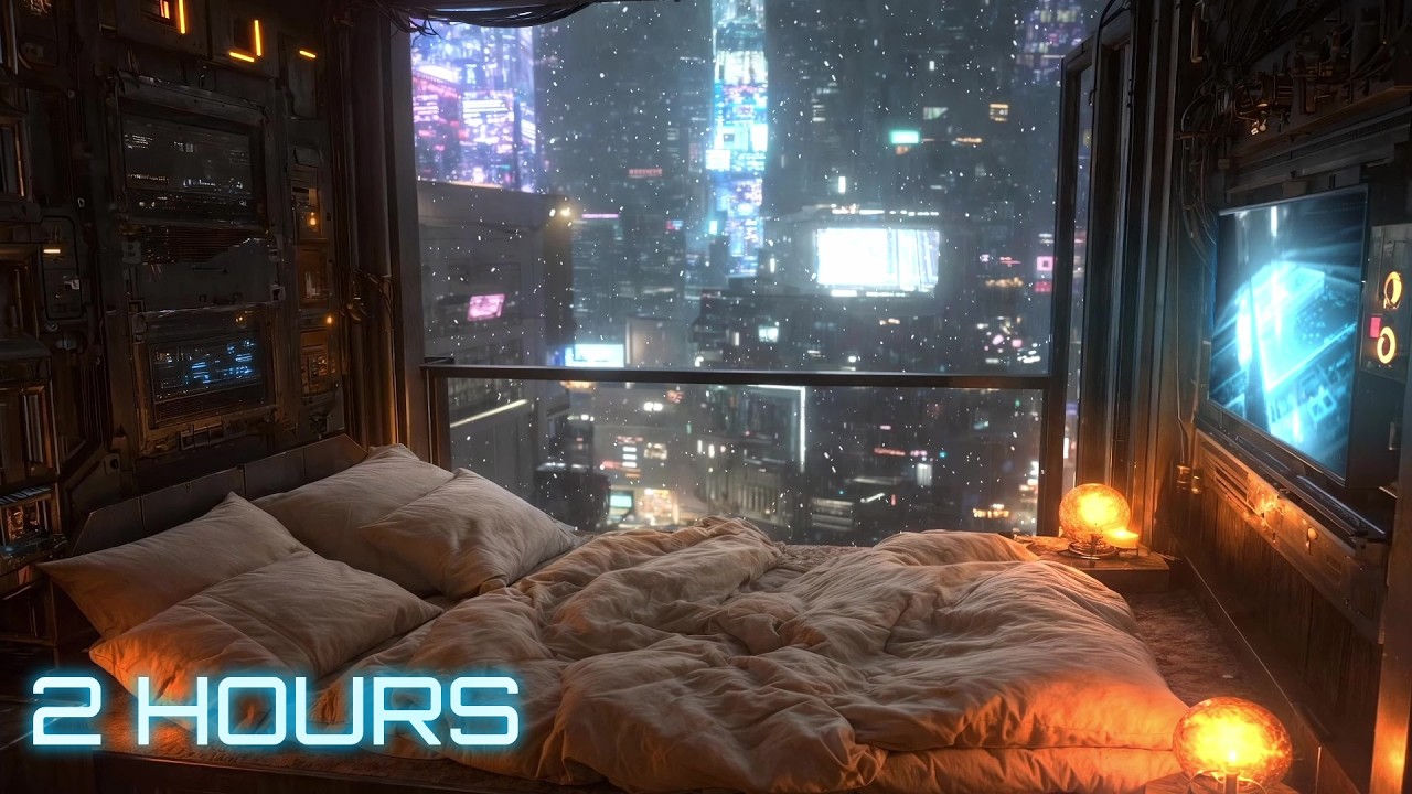 Cozy [2 HOURS] Sci-Fi Bedroom Ambience ❄️ Snowy Cyberpunk City for Sleep