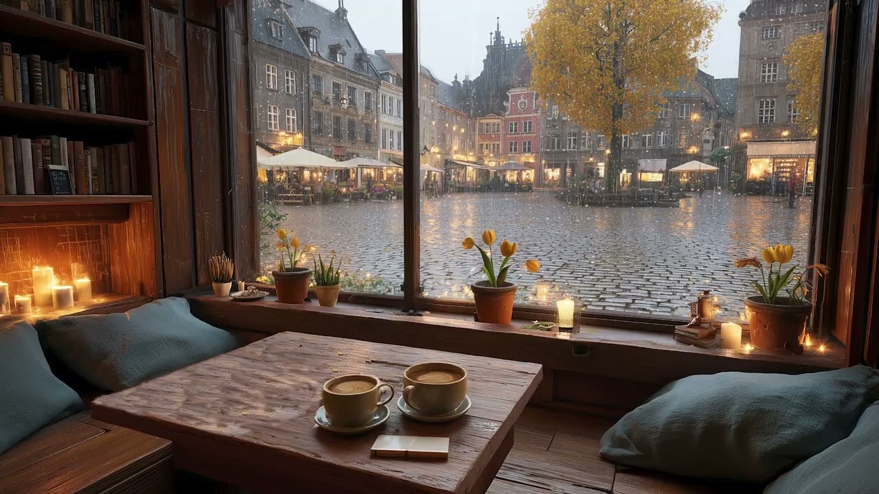 Cozy Cafe Ambience Gentle Rain on Autumn Day in The City 🍂 Cozy Cafe Jazz Ambience for Reading, Wor