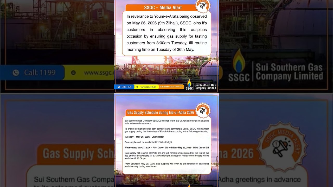 SSGC Gas supply schedule during Eid-ul-Adha 2026