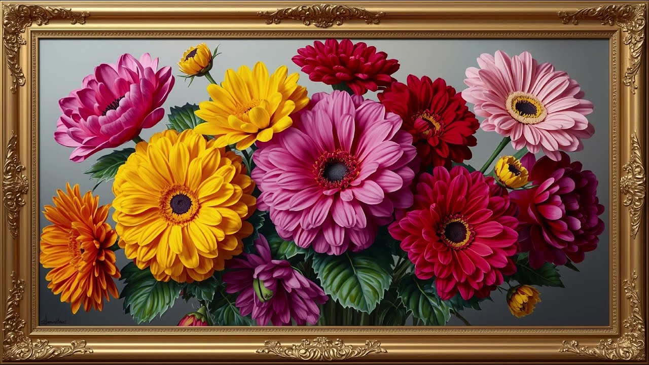 Summer Sun Flowers Floral Art Screensaver For TV 🌼🌸 Gold Framed Vintage | Screensaver Tv | 4K Art