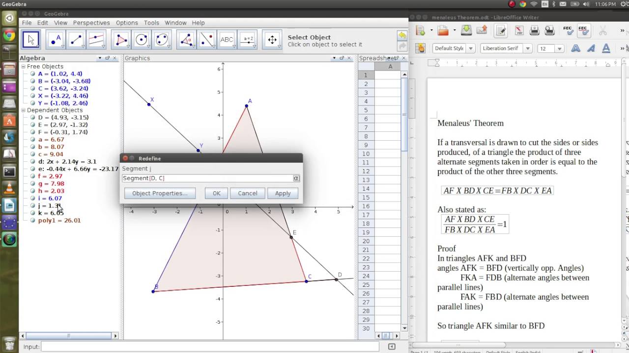 menelaus' theorem through geogebra