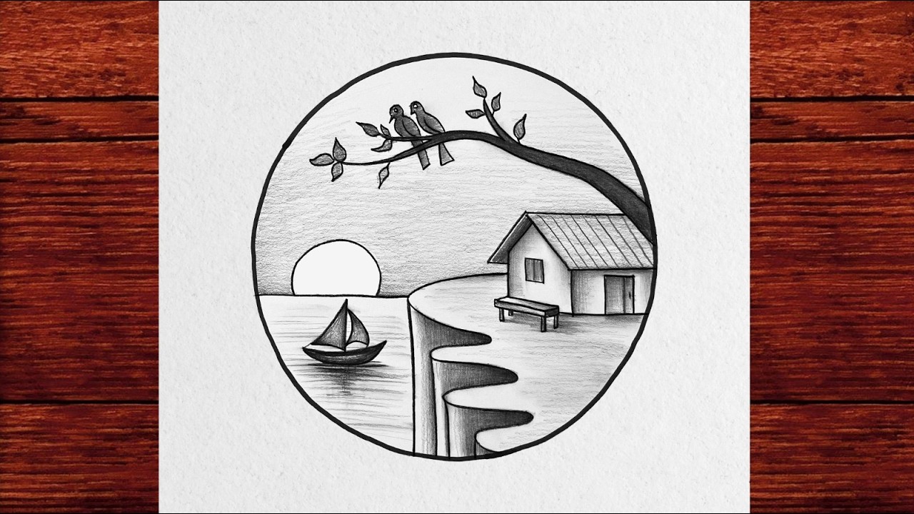 How to Draw Cliffside Landscape in a Circle | Easy Pencil Scenery Drawing Step by Step