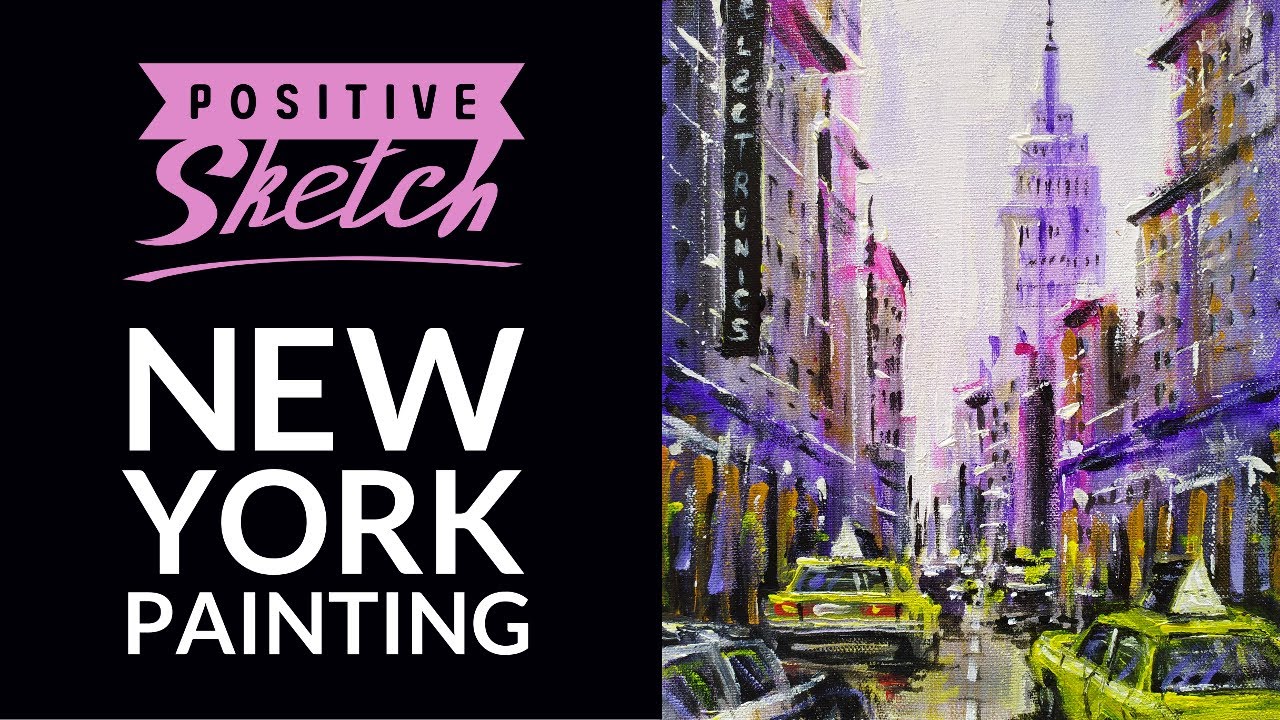 Acrylic painting tutorial, New York, Abstract city painting