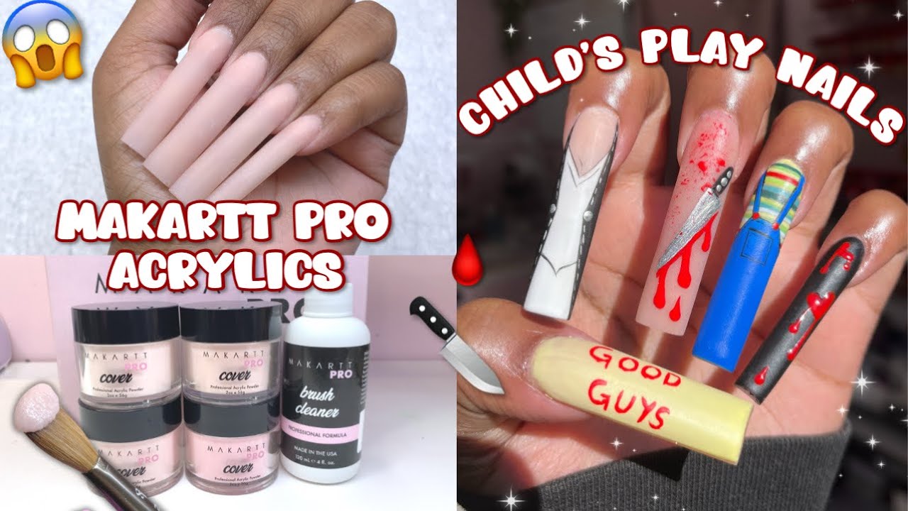 TRYING MAKARTT PRO COVER ACRYLICS! | SPOOKY CHILDS PLAY NAIL ART 🔪🩸 | Halloween Nail Art