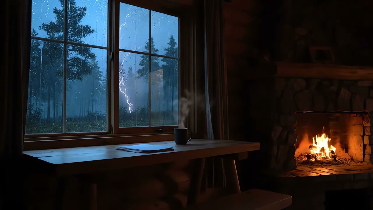 Cozy Cabin Rainstorm with Fireplace & Thunder ⛈️🔥 | Relaxing Rain Sounds for Sleep, Study & Insomnia