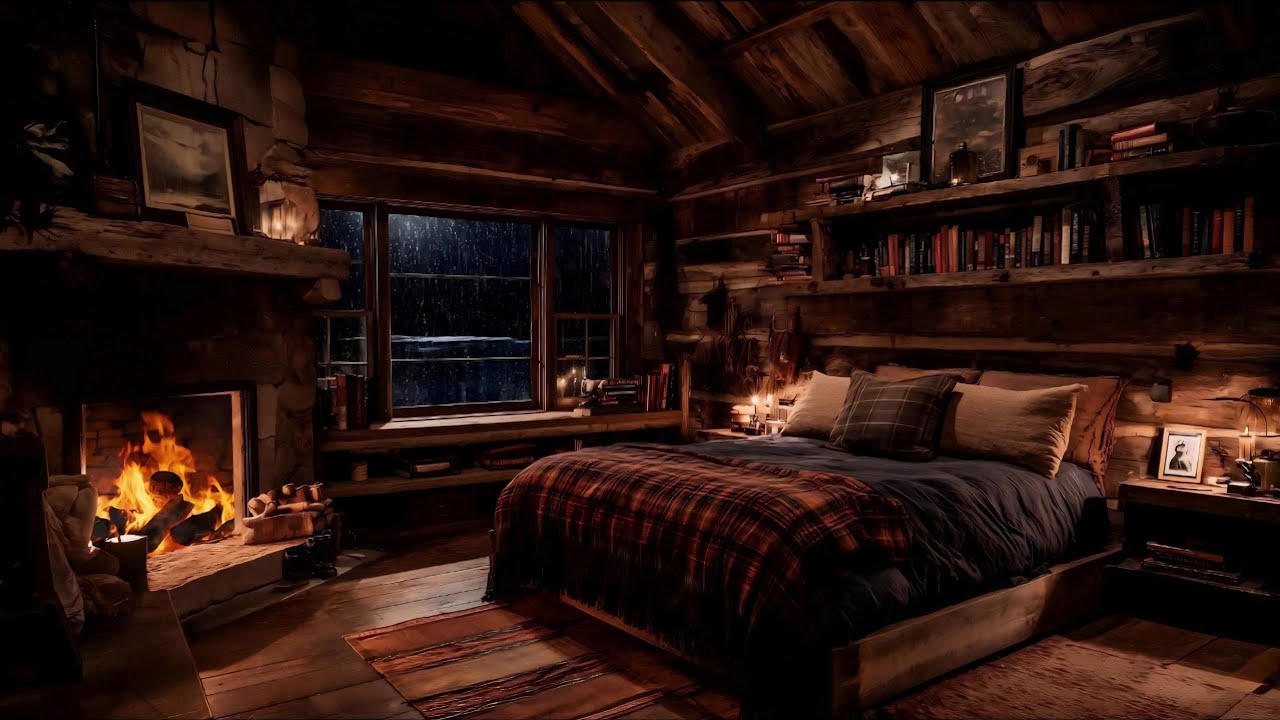 Rain Sounds & Relaxing Thunderstorm  | 3H Cozy Cabin Fireplace & Wind (No Ads) • Deep Sleep