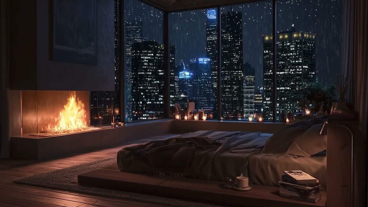 Soft Piano Music with Rain 🌙 Crackling Fireplace Sounds for Sleeping & Stress Relief