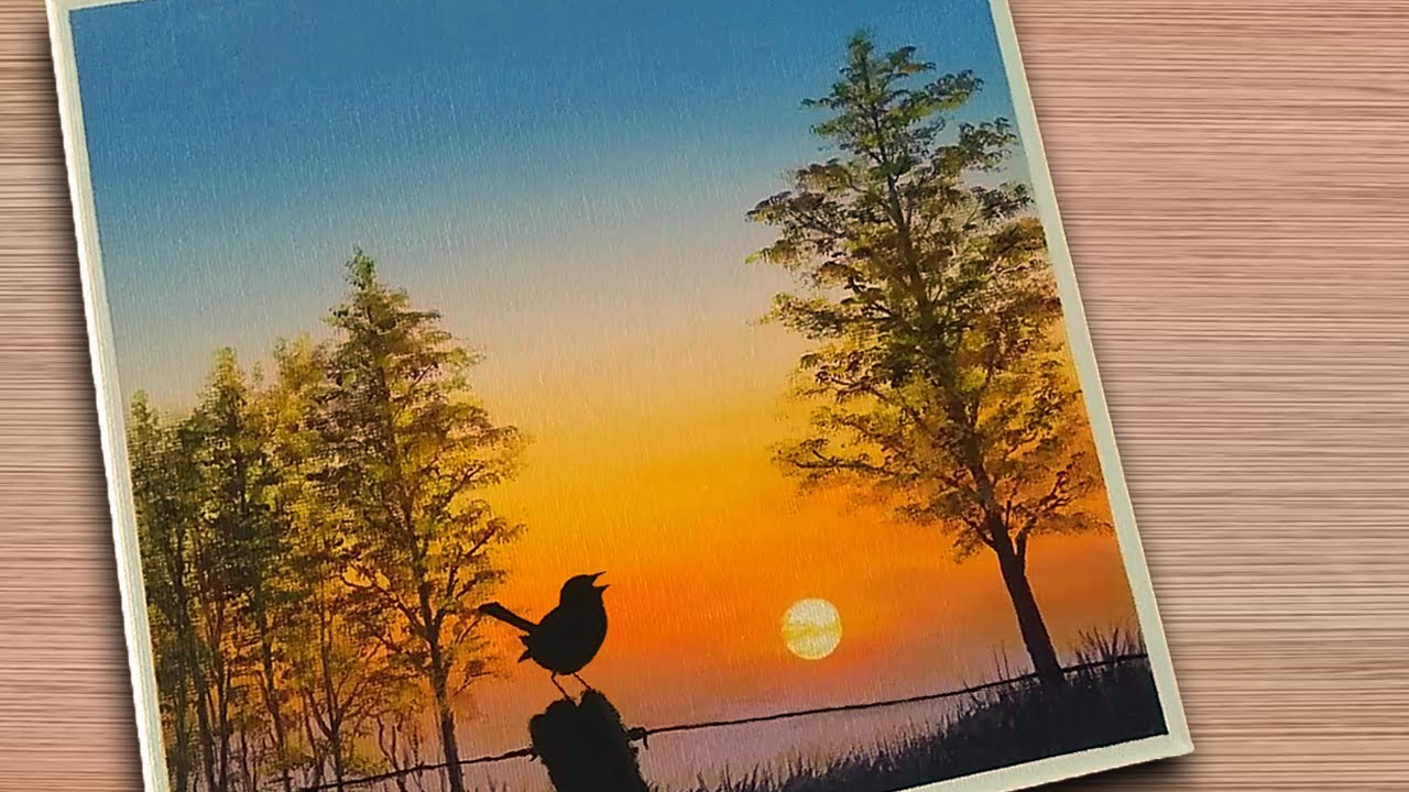 Tutorial Pintar Paisaje De Atardecer Y Gorjeo De Ave En Acrilico